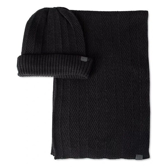 KENNETH COLE REACTION Mens Beanie Hat Scarf Set Herringbone Knit Logo Giftable - Picture 1 of 6
